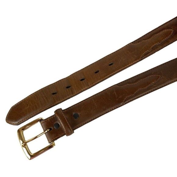 3D Western Belt Mens Size 36 Brown Genuine Leather Goldtone Buckle Cowboy Rodeo - Picture 2 of 5